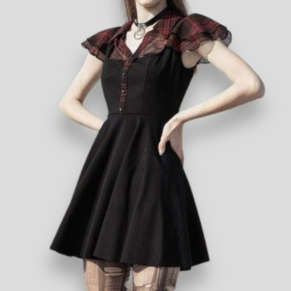 Punk Plaid Black and Red Chiffon Short Dress Size Small Grunge Gothic Halloween